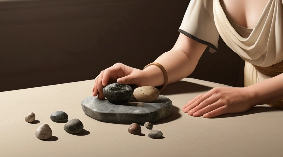 Древнеримское гадание по камням, ритуал прорицания с использованием разнообразных минералов на старинном столе под мягким светом.