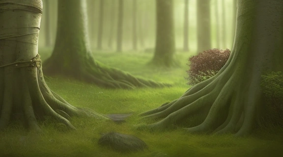 Мистический лес, где человек прикасается к древу, символизирующему Друиды и ваш древесный знак, с мягким свечением, отражающим глубокую связь с природой и древней мудростью.