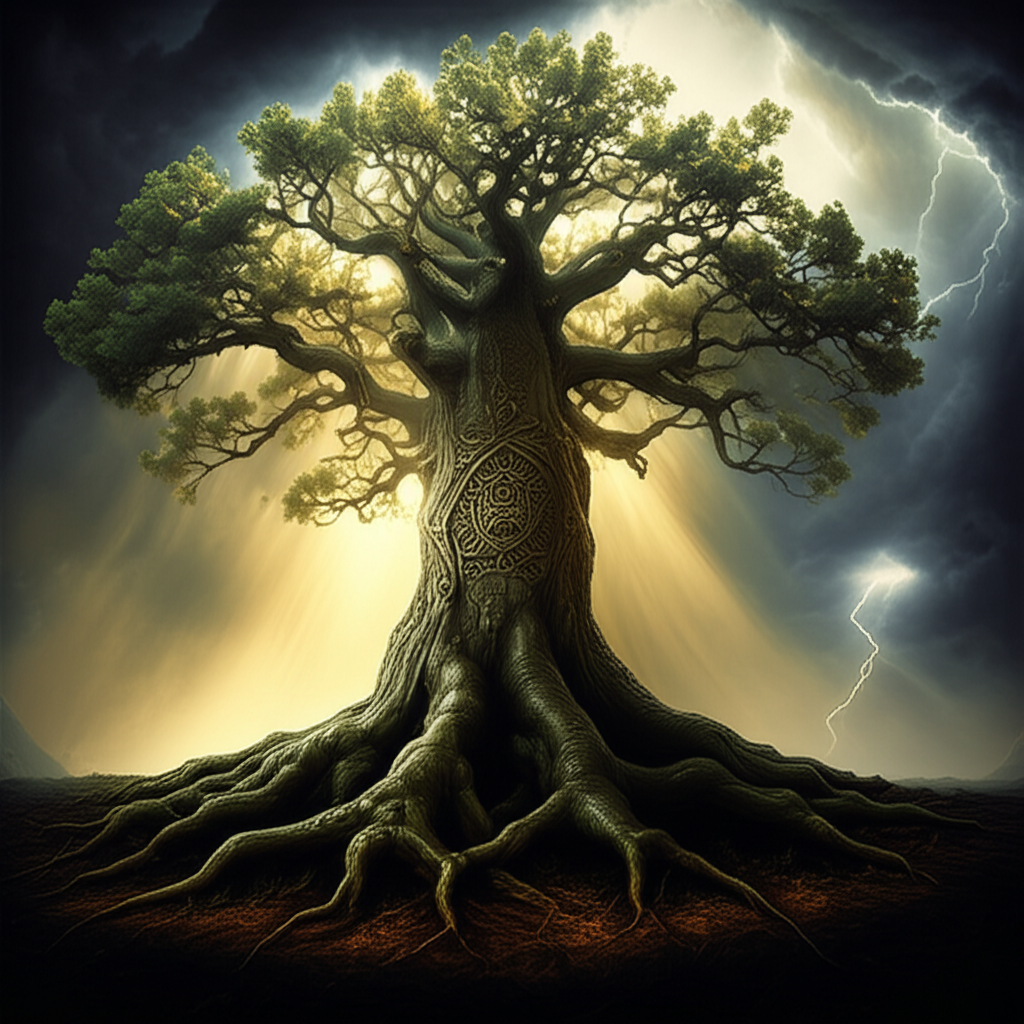 Величественный и могучий дуб в мифологии славян, символизирующий Мировое Древо и связь с богом Перуном.