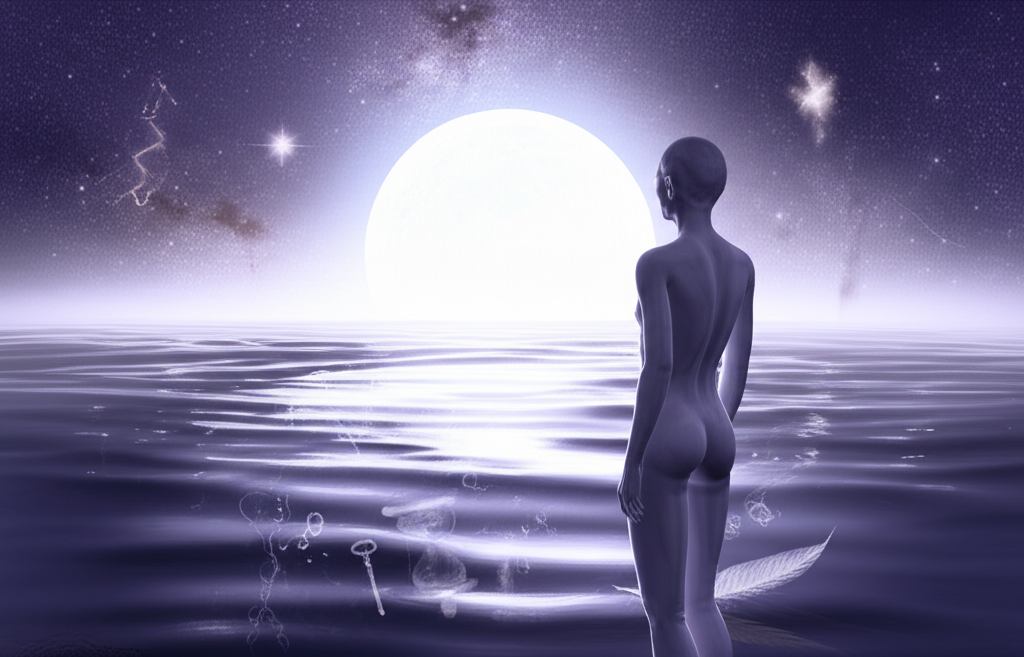 Символическое изображение, где двенадцатый дом тайны и карма представлен как космический океан подсознания.