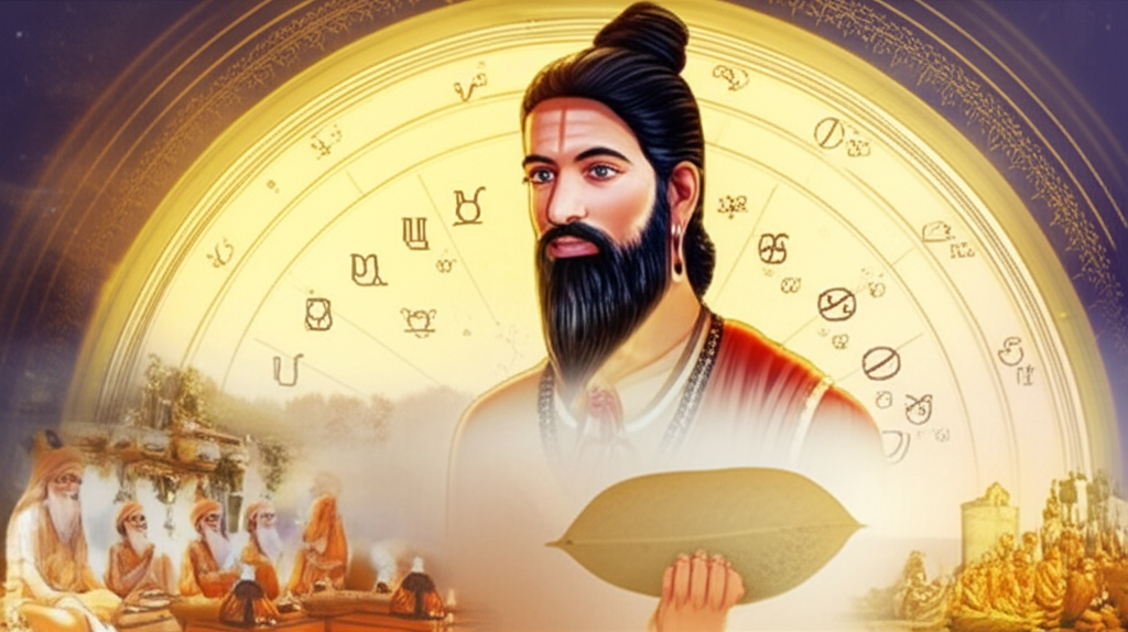 Изображение демонстрирует мудреца, изучающего древние тексты, на фоне астрологической карты и ведических ритуалов, символизируя глубокую связь между джйотиш и веды.