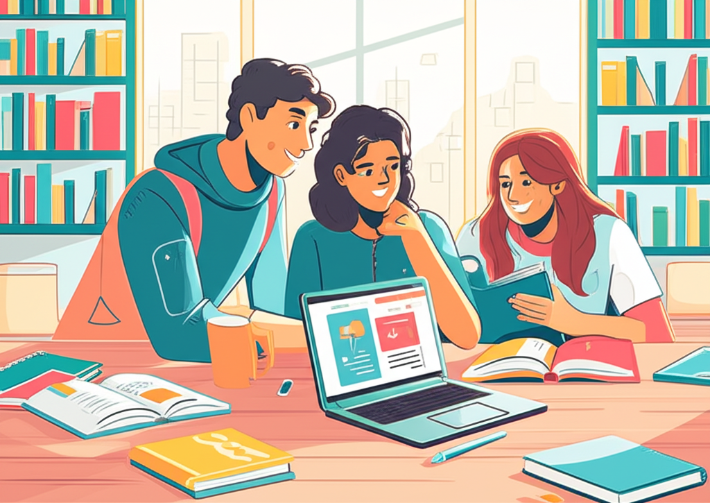 Практические советы детям как преуспеть в школе, иллюстрация с учениками в библиотеке.