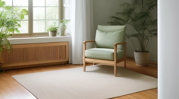 Светлая и уютная комната, демонстрирующая принципы экологии внутреннего пространства с обилием зелени и естественного света.