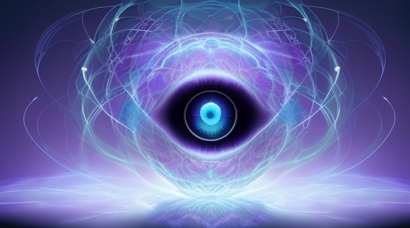 Абстрактное изображение, символизирующее Экстрасенсорные способности, с человеком, окружённым светящимися символами телепатии, ясновидения и интуиции.