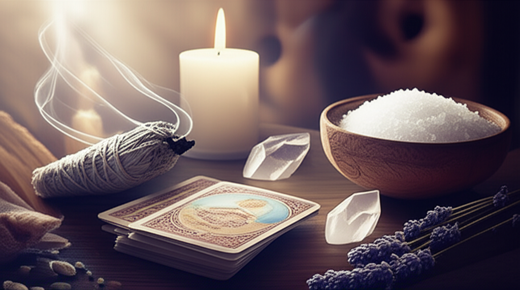 Изображение демонстрирует различные способы очистить колоду Таро от негатива, включая дым шалфея, кристаллы, свечи и соль.