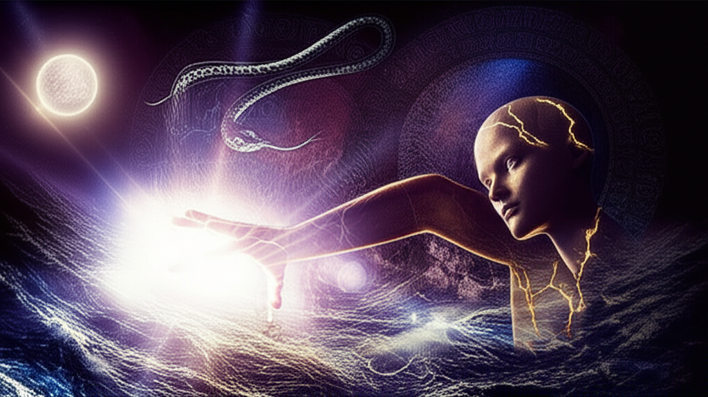 Иллюстрация, символизирующая эрида в 8 доме трансформация, с фигурой, выходящей из темных глубин, окруженной астрологическими символами и энергией Эриды.