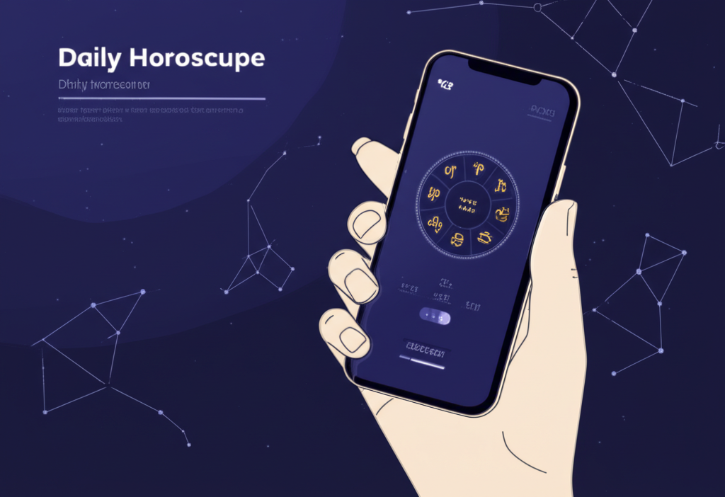 Человек читает свой ежедневный гороскоп на смартфоне на фоне звездного неба.