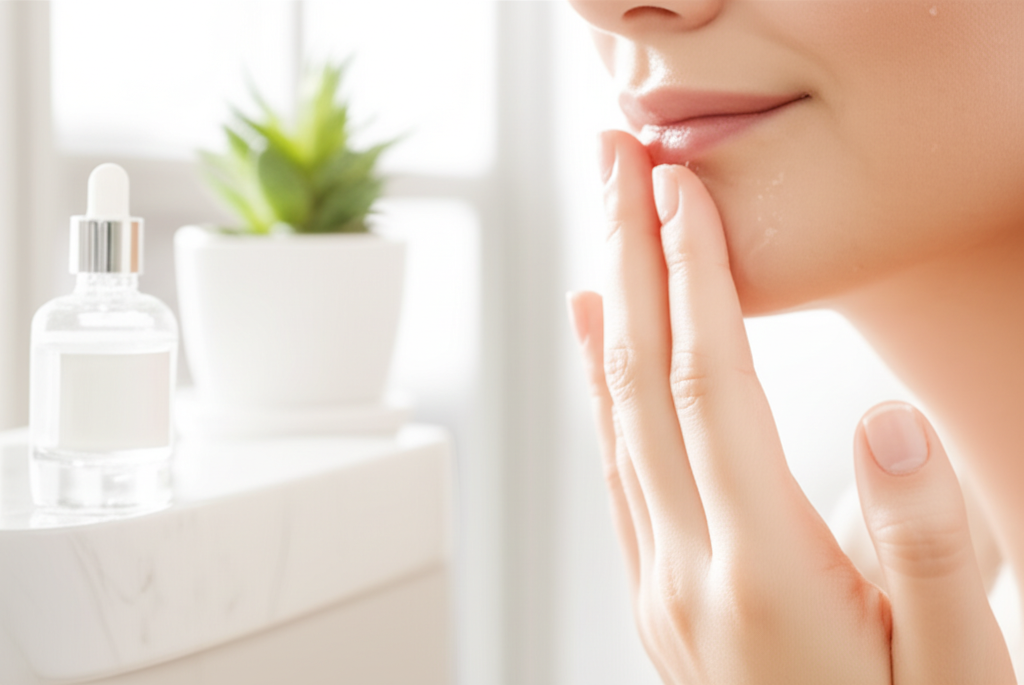 Женщина наносит средство на лицо, выполняя ежедневный уход тонизирующие процедуры для здоровья кожи.