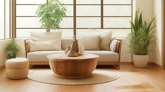 Уютная гостиная, оформленная по правилам фэн шуй для гостиной, с естественным светом и гармоничным расположением мебели и растений.