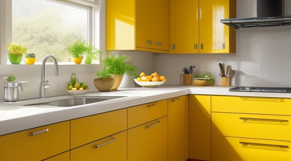 Изображение гармоничной и чистой кухни, оформленной согласно принципам Фэн-шуй для кухни, с акцентами на натуральные материалы и свежие продукты.