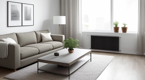 Уютная и гармоничная гостиная с элементами фэн шуй для маленькой квартиры, подчеркивающая рациональное использование пространства и естественное освещение.