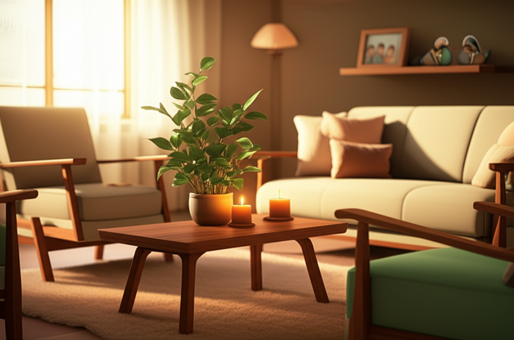 Фэн-шуй гармония семейные отношения в интерьере уютной гостиной с правильным расположением мебели и символов.