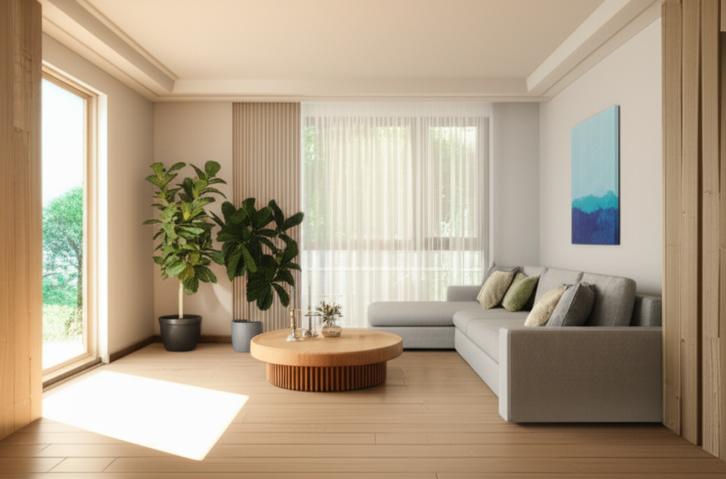Гармоничный фэн-шуй гостиной с правильной расстановкой мебели и светлой палитрой.