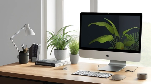 Уютное рабочее место с компьютером, оформленное по принципам фэн шуй, демонстрирующее гармонию и порядок.