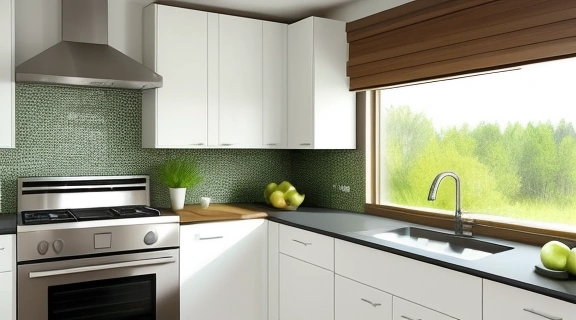 Минималистичный дизайн интерьера кухни в стиле фэн шуй кухни для похудения, с акцентом на зеленые растения и свежие фрукты на столе.