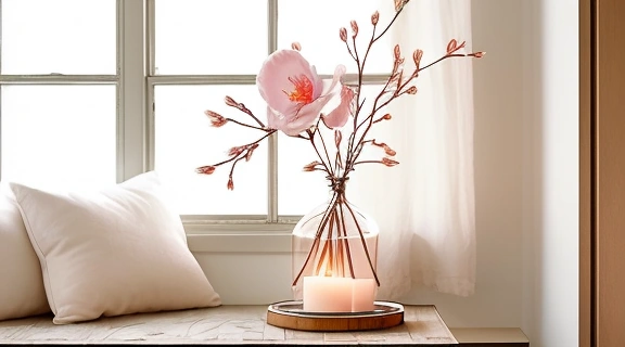 Изысканный декор с парой розовых кварцевых уточек-мандаринок и пионом, символизирующий фэн-шуй любовь и гармонию.