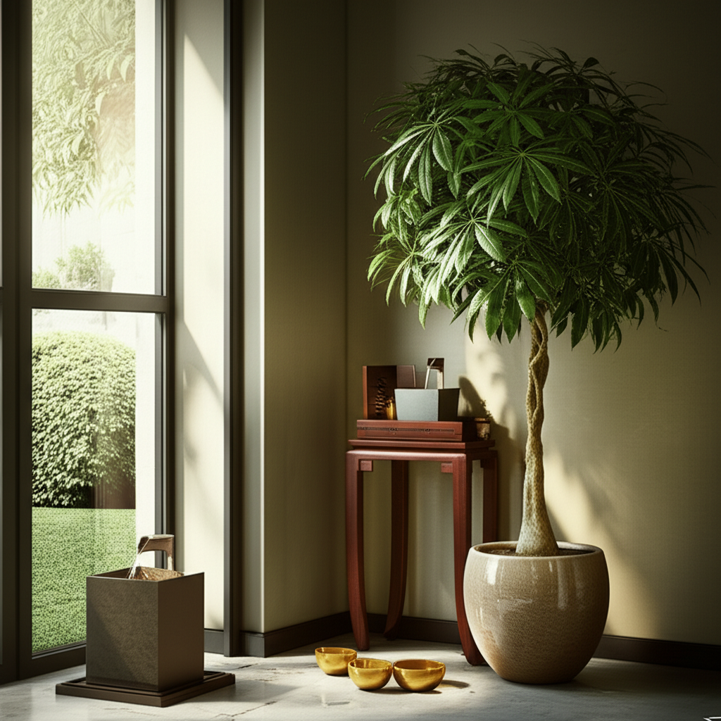 Гармоничный интерьер и правильный фэн-шуй о деньгах с денежным деревом и фонтаном в зоне богатства.