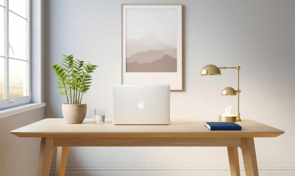 Идеальный Фэн-Шуй рабочего места: светлый офис с деревянным столом в командной позиции, растением и сбалансированными элементами.