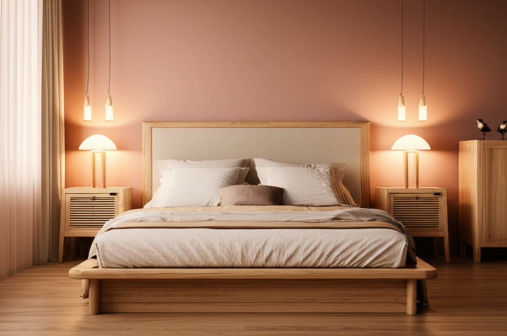 Идеальный фэн-шуй супружеской спальни с большой кроватью и парными элементами декора.