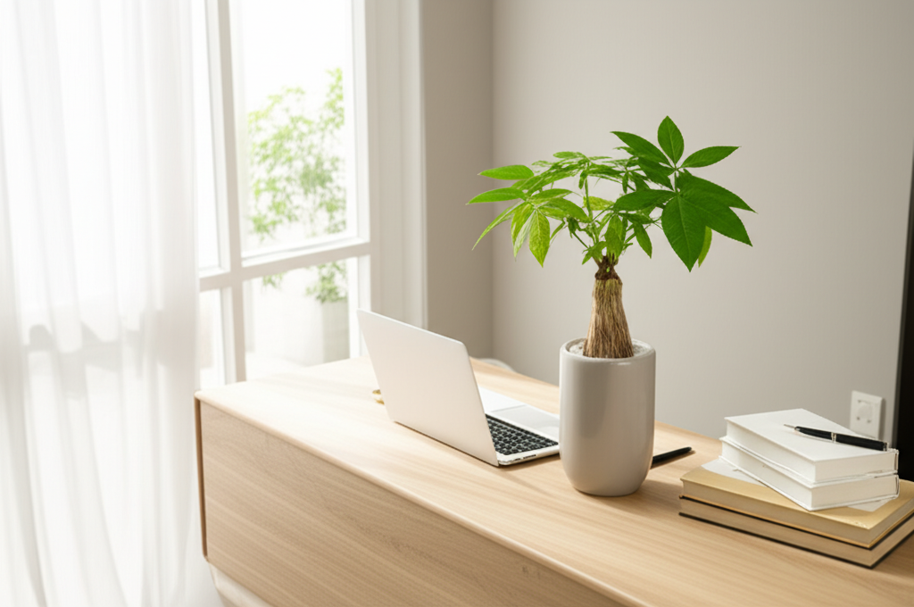 Современный рабочий стол, организованный по правилам фэн-шуй в офисе для повышения продуктивности.