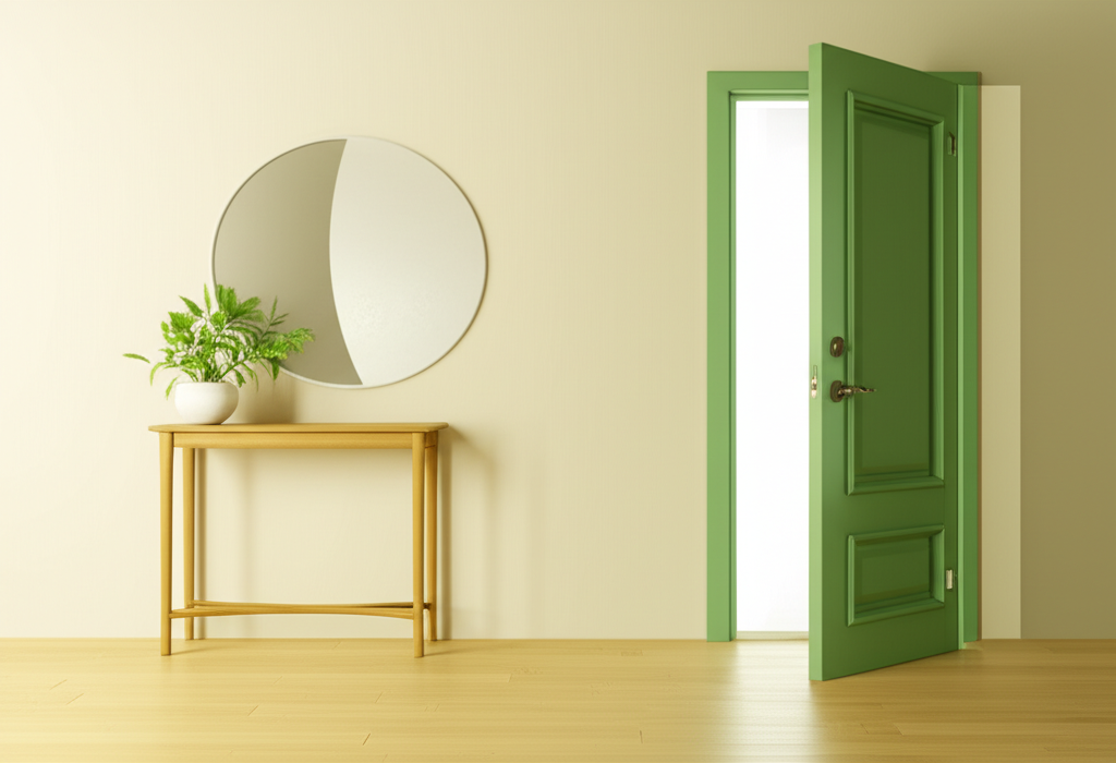 Светлая входная зона, организованная по правилам фэн-шуй в прихожей, с круглым зеркалом и растением.