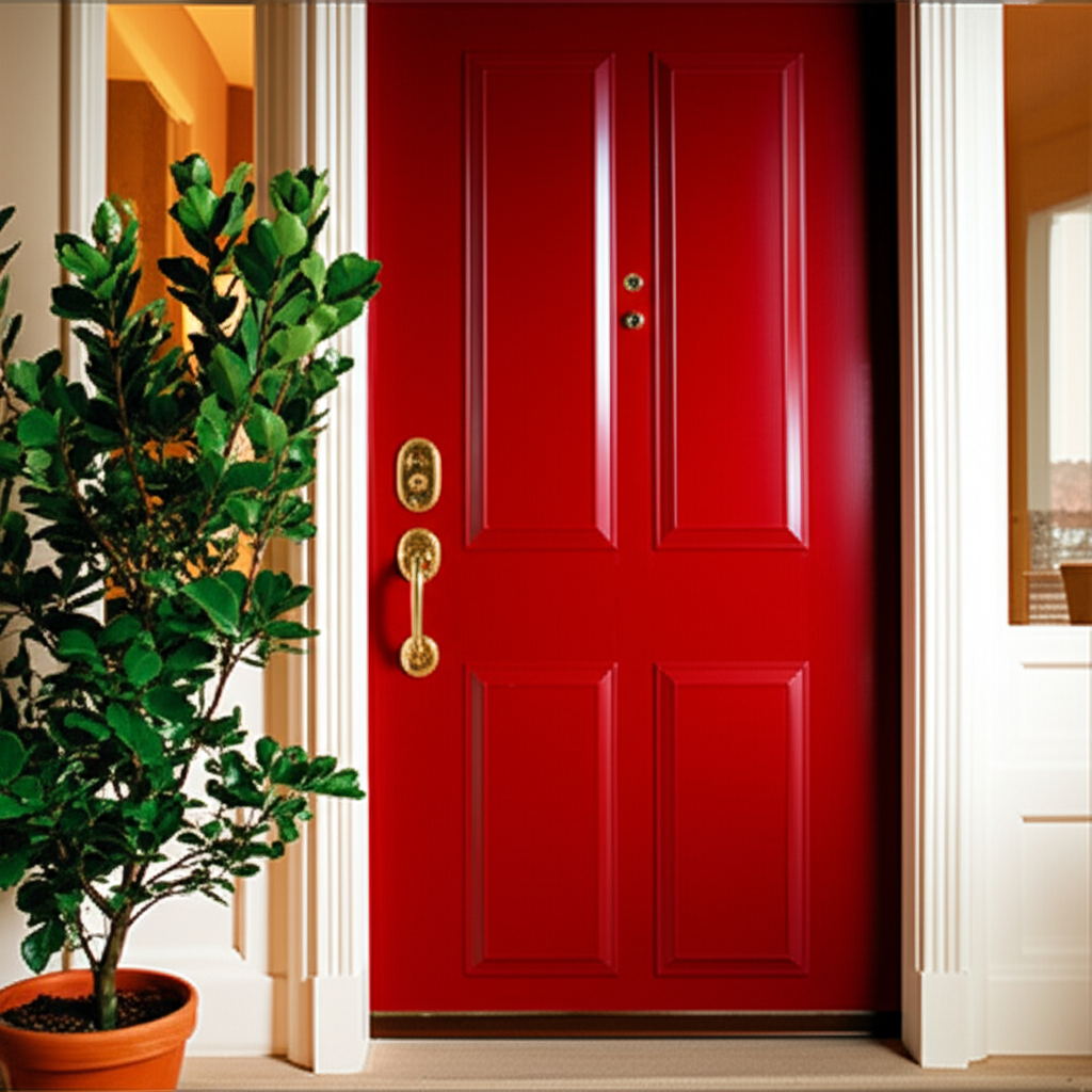 Гармоничный фэн-шуй входной двери красного цвета с растением рядом, привлекающий положительную энергию ци.