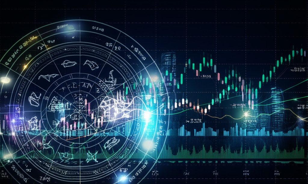 Сложное изображение, где финансовая астрология объединяет зодиакальный круг и биржевые графики для анализа рынка.