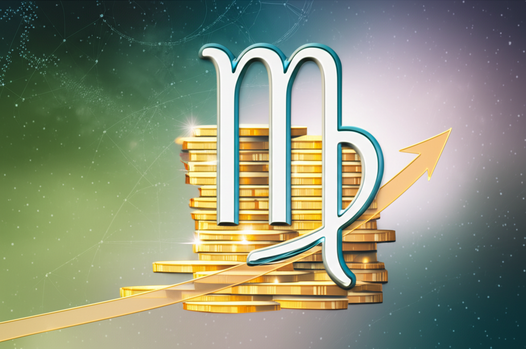 Иллюстрация, символизирующая финансовый гороскоп Дева, где стилизованный знак Девы сочетается с монетами и графиком роста, подчеркивая порядок и процветание.