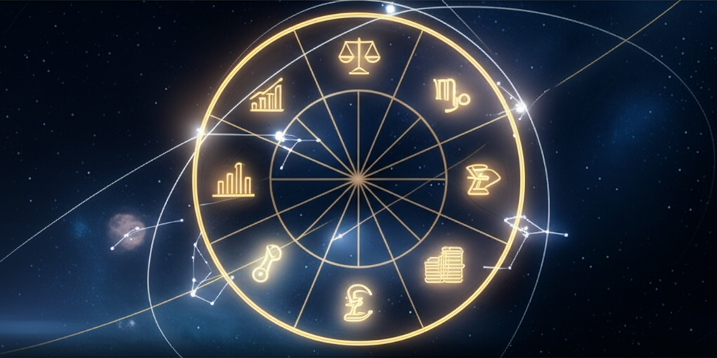 Элегантный финансовый гороскоп в виде зодиакального круга с символами денег и созвездиями на фоне космоса.