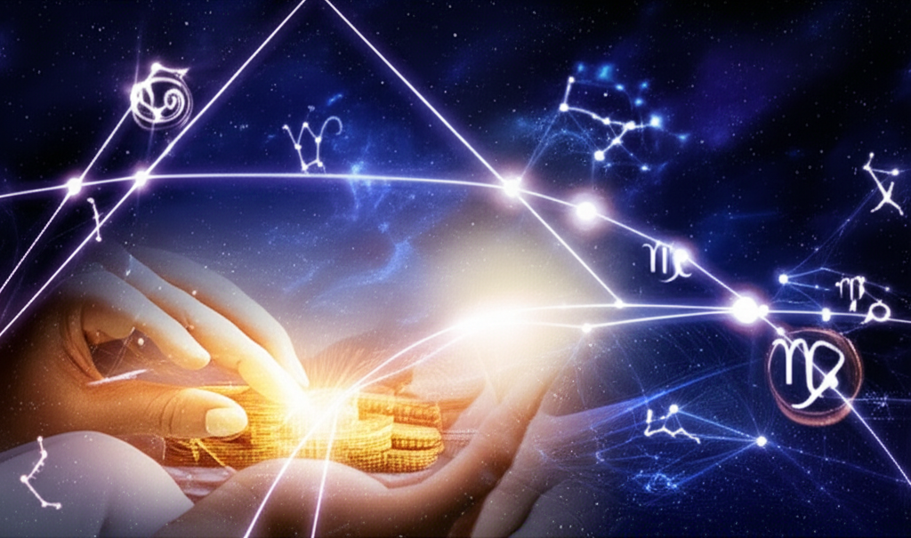 Иллюстрация, сочетающая финансовые символы и зодиакальные созвездия, предвещающие финансовый гороскоп на год.