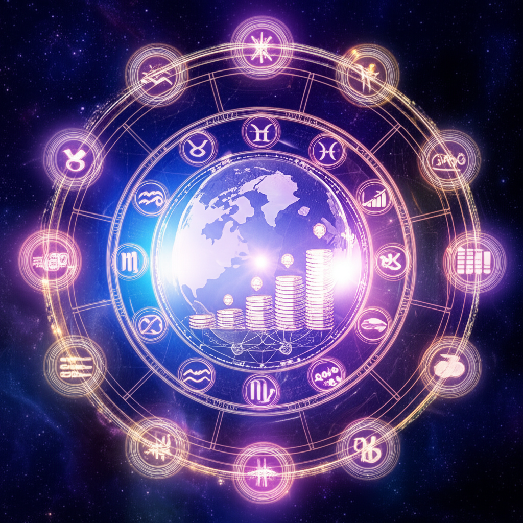 Мистическое изображение, символизирующее финансовый гороскоп на неделю, с зодиакальным кругом и элементами денег на фоне звездного неба.