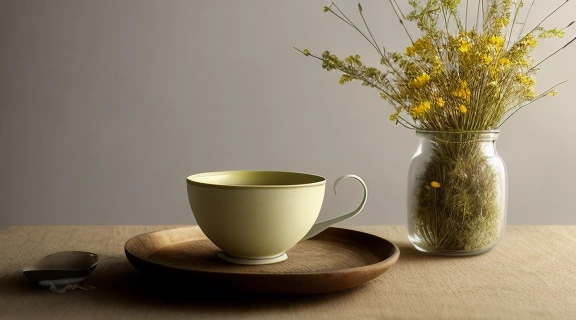 Разнообразие фитосборов против бессонницы, включающих сушеные цветы лаванды, ромашки, мелиссы и корень валерианы, аккуратно разложенные на дереве с чашкой травяного чая