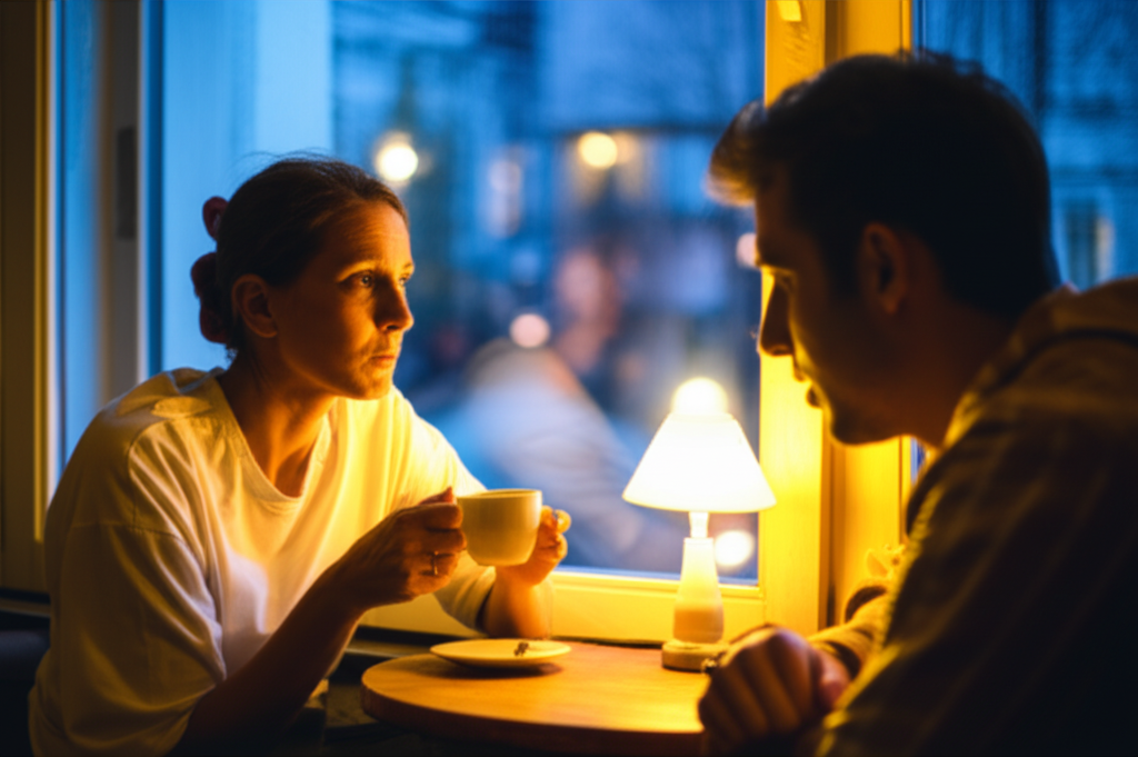 Пара в кафе, где их неоднозначное общение это флирт реанимация или игра.