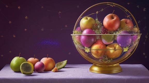 Иллюстрация, демонстрирующая связь между фруктами зодиак и характер, с центральной астрологической картой и двенадцатью разнообразными фруктами, расположенными вокруг.