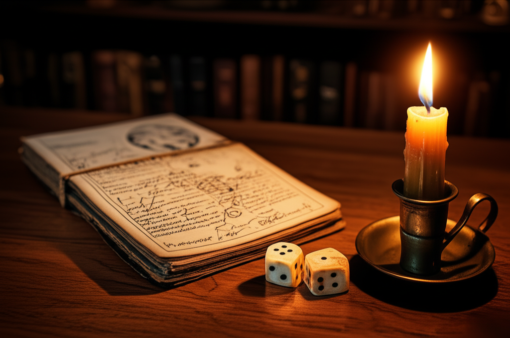 Два старинных игральных кубика на деревянном столе, иллюстрирующие гадание на двух кубиках.