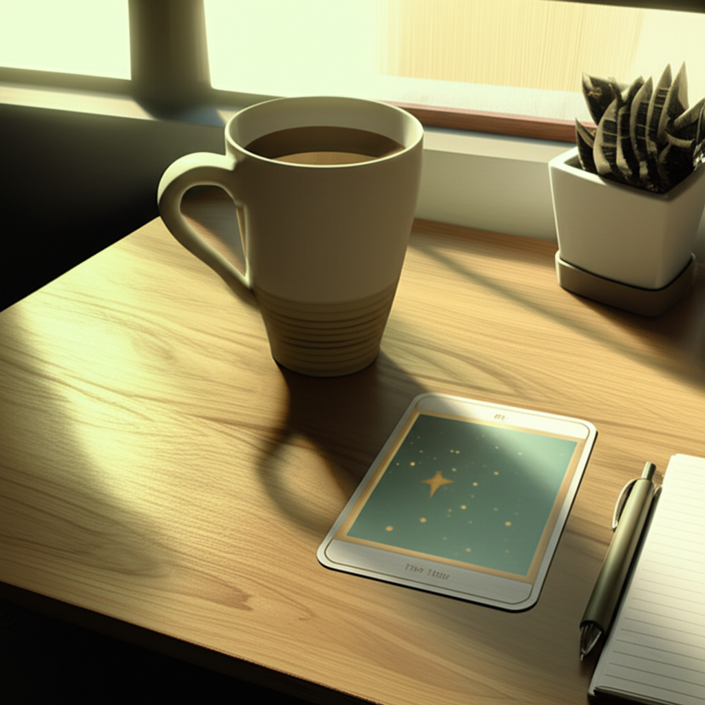 Ритуал гадание на каждый день: карта Таро, чашка кофе и блокнот на столе при утреннем свете.
