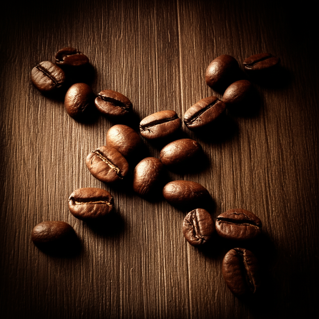 Процесс гадания на кофейных зернах, разложенных на старинном деревянном столе для толкования.