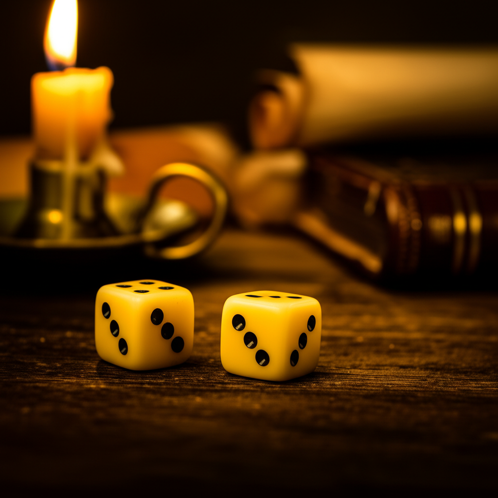 Два старинных кубика на деревянном столе, иллюстрирующие гадание на кубике.