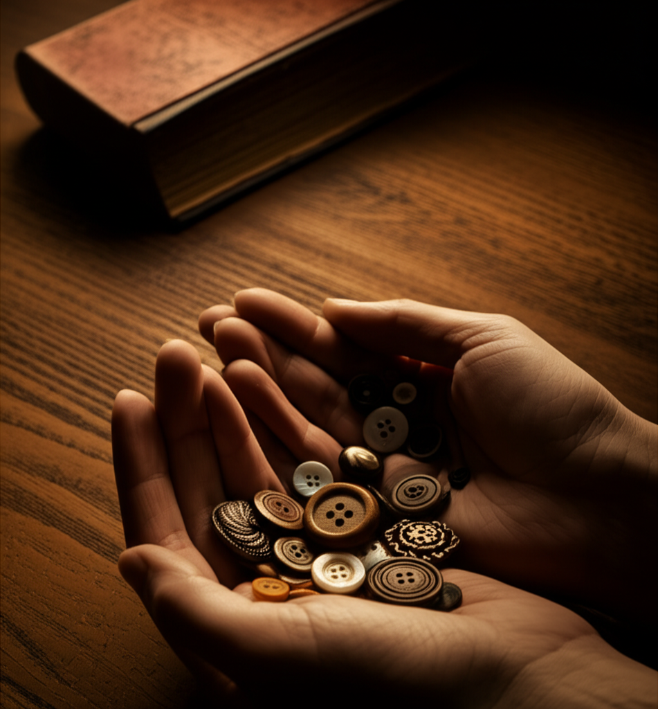 Старинные пуговицы на деревянном столе для ритуала: гадание на пуговицах в деталях
