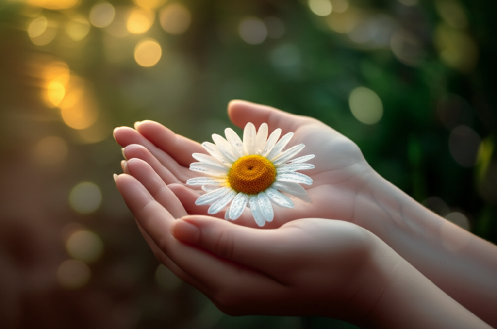 Глубокое и таинственное гадание на растениях: руки бережно держат цветок ромашки в лесу.