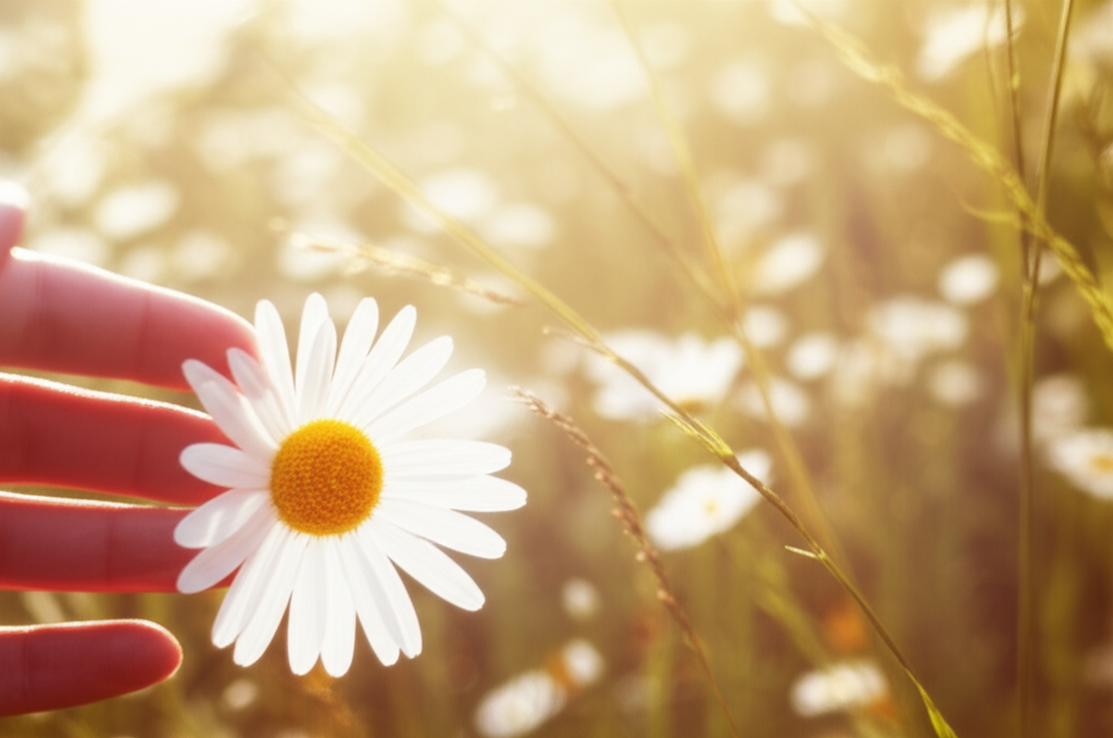 Красивое и детальное гадание на ромашке в руках девушки на фоне залитого солнцем луга.