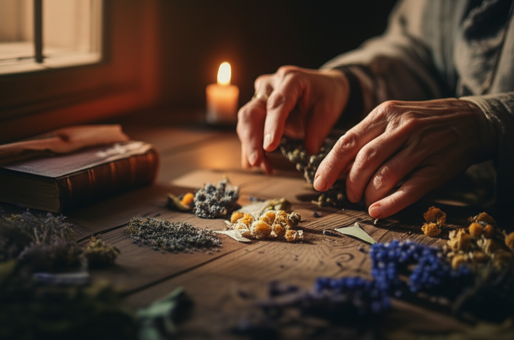 Древнее гадание на травах: руки раскладывают сушеные растения на деревянном столе для ритуала.