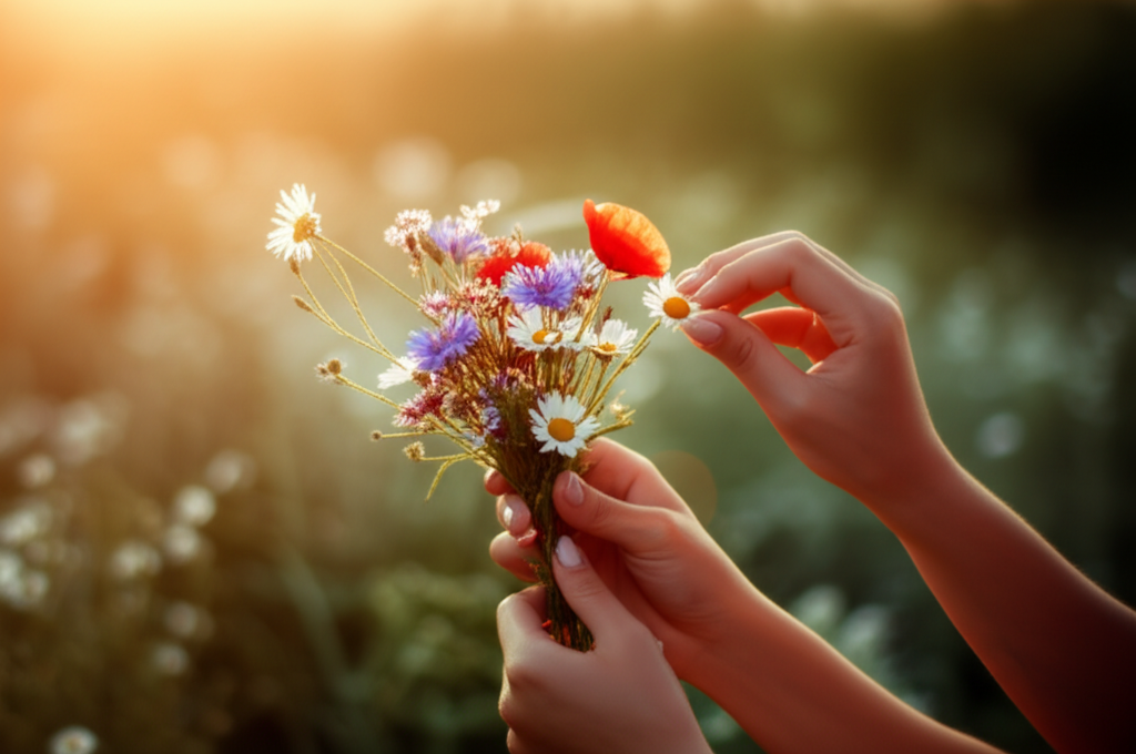 Древнее гадание на цветах: руки девушки перебирают лепестки ромашки на фоне луга.