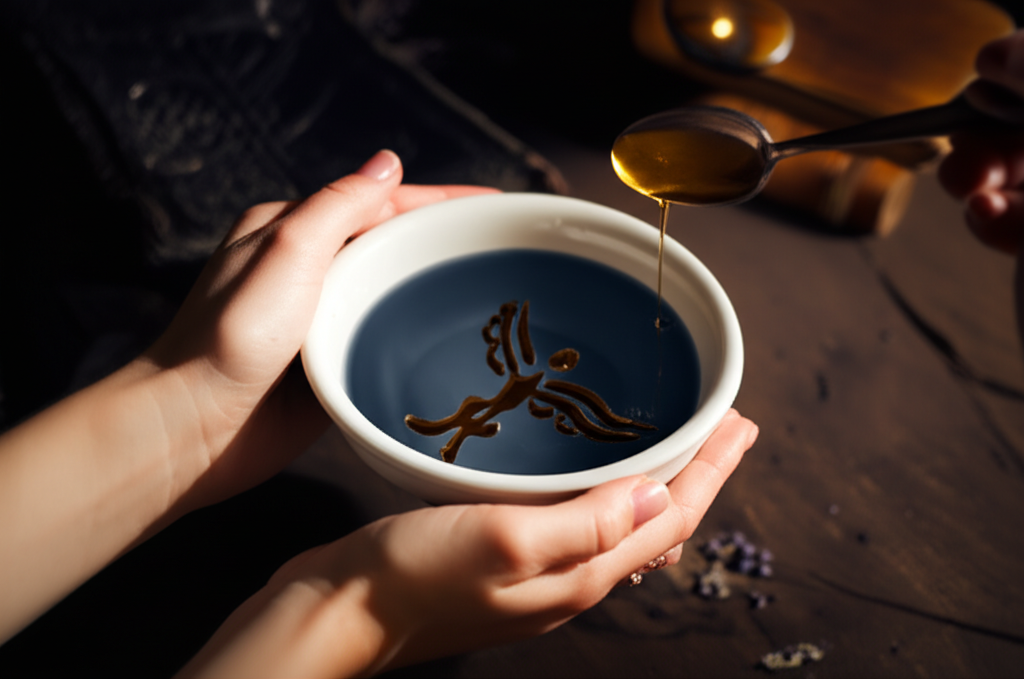 Древний ритуал гадание на воске: расплавленный воск капает в чашу с водой, образуя фигуру.