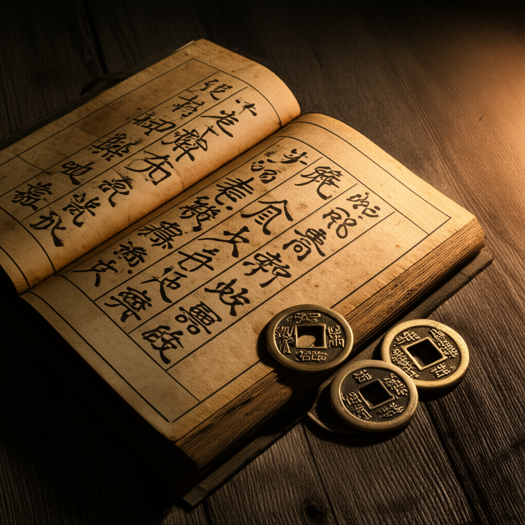 Древняя китайская книга и монеты для гадания по книге перемен на деревянном столе.