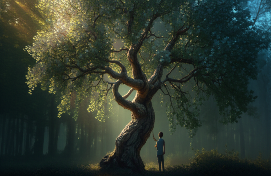 Мистическое гадание по осине в сумеречном лесу, где человек ищет ответы у древнего дерева.