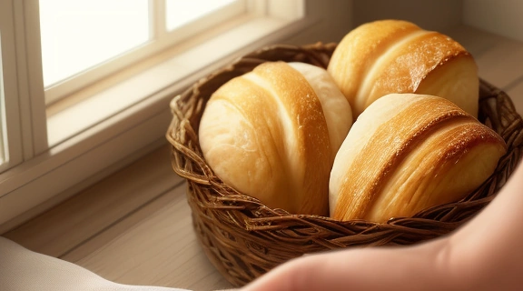 Крупный план рук, выбирающих один из свежеиспеченных пирожков для гадания по пирожкам из плетеной корзины на кухне.