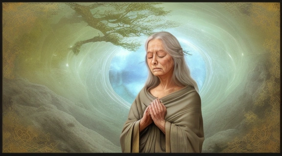 Мудрая женщина медитирует в древнем святилище, наблюдая за полётом птиц, что символизирует гадание по птицам и связь с природой.