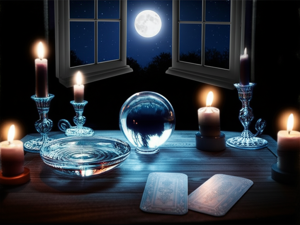 Ритуальный стол для гадания в полнолуние с картами таро и хрустальным шаром.