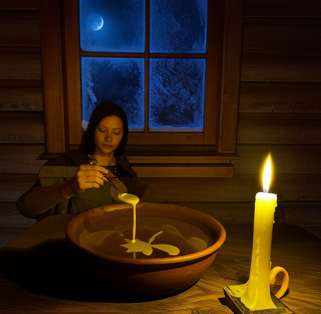 Таинственное гадание в сочельник при свечах с воском и водой.